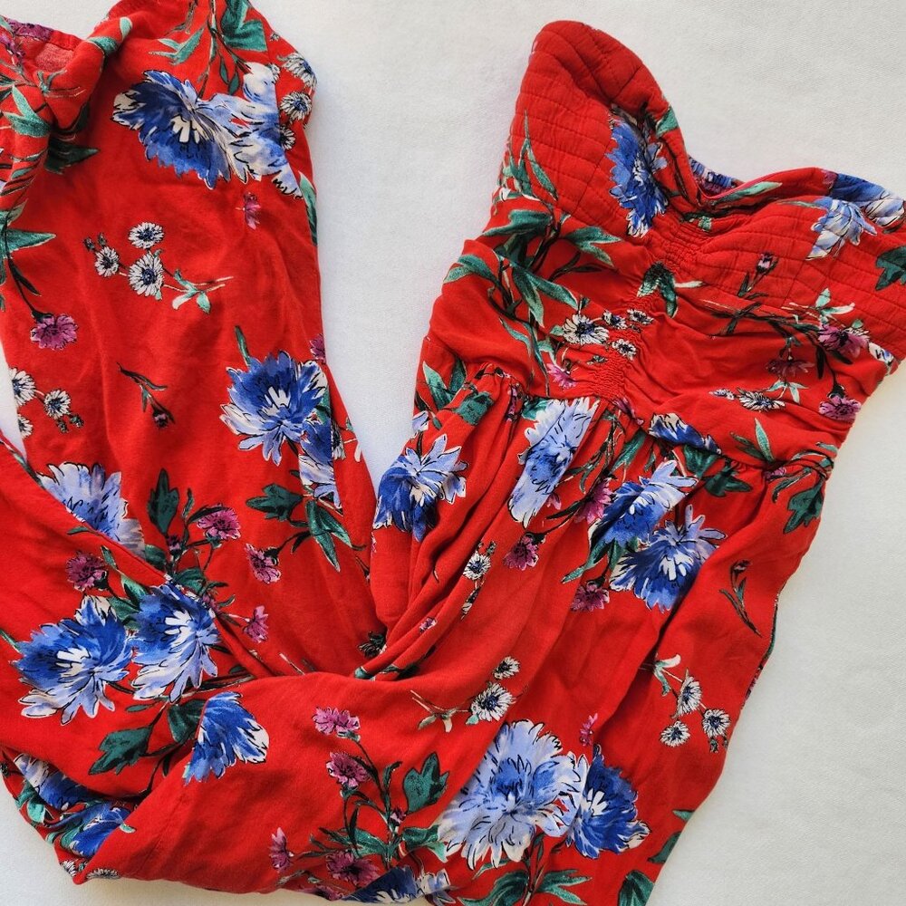 Band Of Gypsies BOG Collective Red Floral Strapless Jumpsuit Summer Boho Flowy - Picture 3 of 13